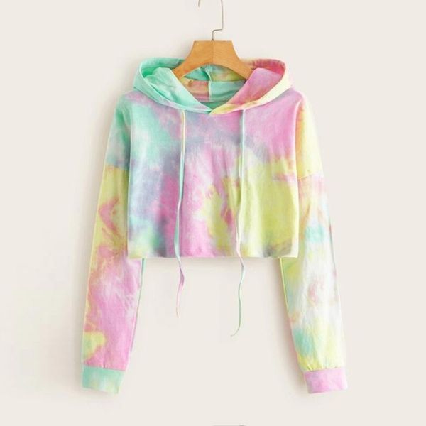 

women's hoodies & sweatshirts sweatshirt women spring daily hooded sweat short belt print tie-dyed pullover liva girl o-neck hoodie lad, Black
