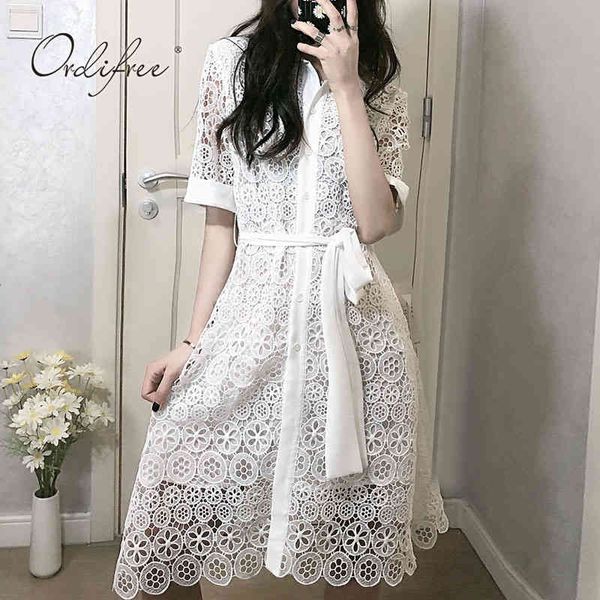 

women summer white lace see through hollow out belted party dress 210415, Black;gray