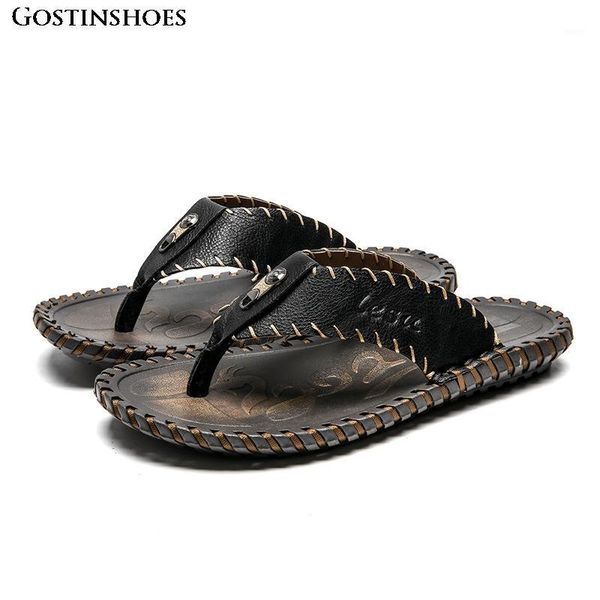 

slippers men flip flops genuine leather hand sewing summer outdoor beach shoes casual rubber sole black brown1