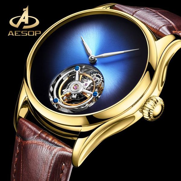 

wristwatches aesop golden stainless steel case double-sided sapphire glass watch real tourbillon mechanical men's waterproof clock, Slivery;brown