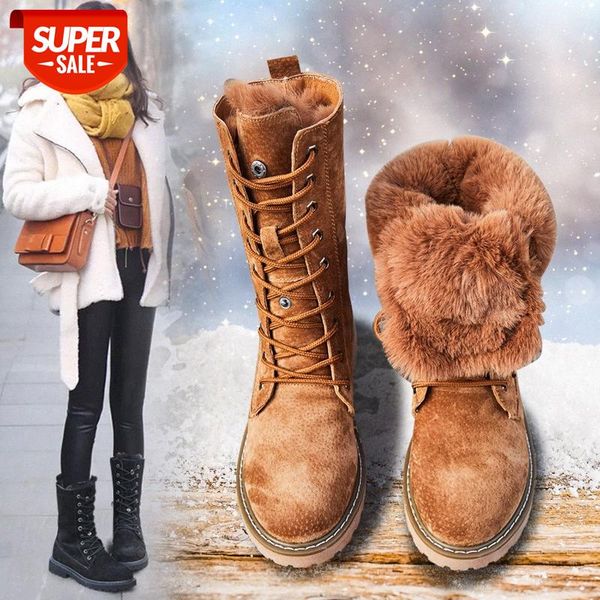 

fur integrated snow boots women's leather mid-tube 20 winter bread shoes to keep warm plus velvet thickening large size cotton #h30d, Black