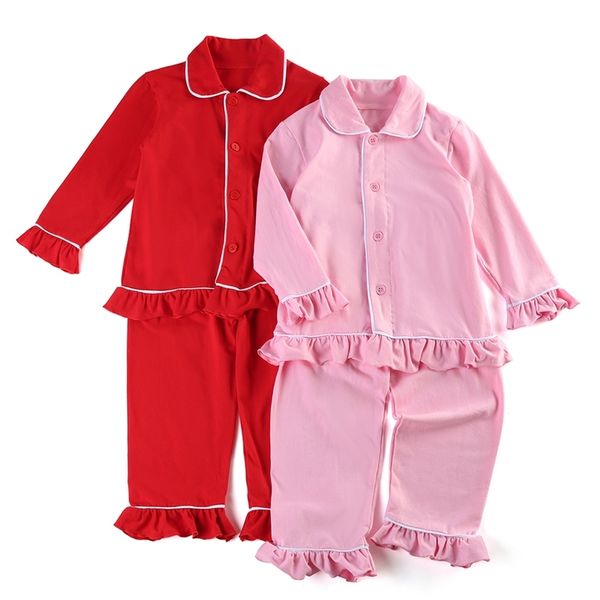 Botão de venda para cima Algodão Meninas Bebê Ruffle Pijama Vermelho Christmas Kid Pijama Set 211130