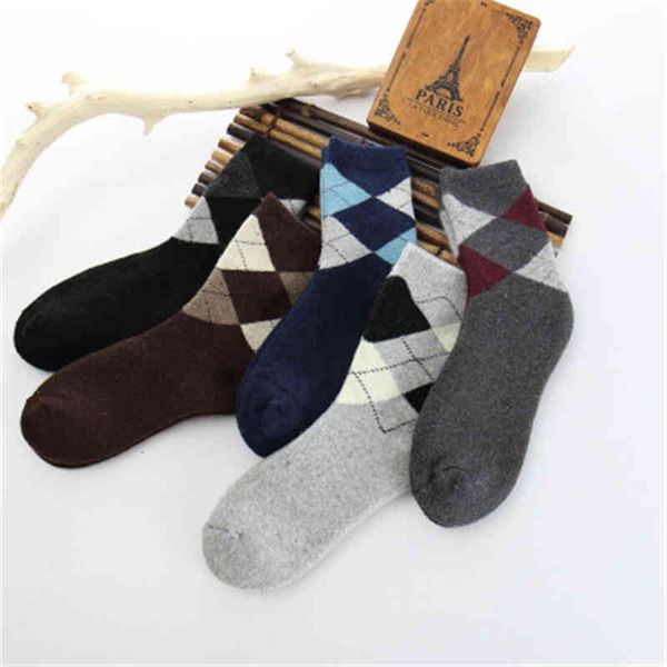 

men's mens fleece middle tube fashion trend rhombus pattern thickening stretch business socks winter male casual homme mid length warm, Black
