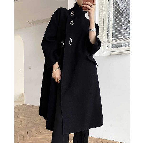 

women black woollen coat elegant cashmere overcoat wool european runway fashion metal buckle jakcet femme outwear mujer hiver 210608