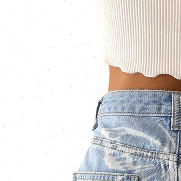 

wide leg pants butterfly printed womens jeans straight high waist pockets fabric streetwear trousers, Blue