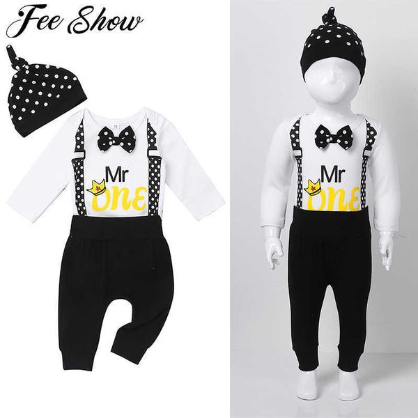 Infantil bebê menino roupas aniversário roupas cavalheiro um ano aniversário romper bowknot laço jumpsuit cintas chapéu 3 pcs conjuntos g1023