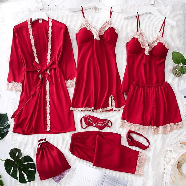 

women's sleepwear 7pcs satin silk women pajamas sets spring summer lace female soiled color sling shorts woman robe, Black;red