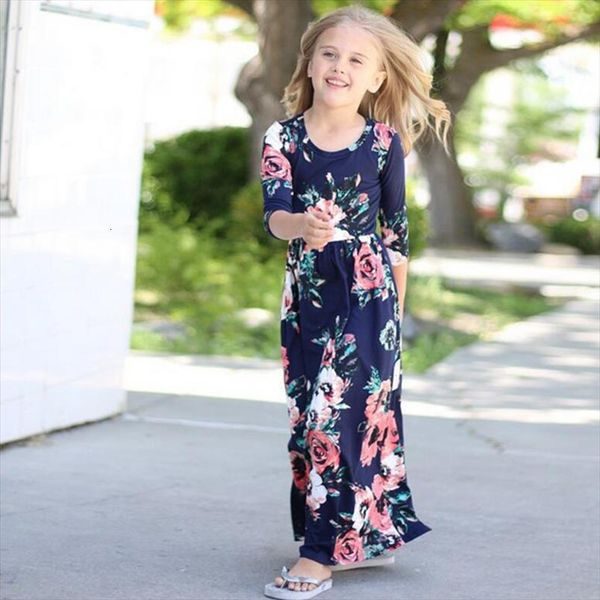 

kids girls child casual women dress long sleeve crew neck beach boho maxi summer party sundress, Black;gray
