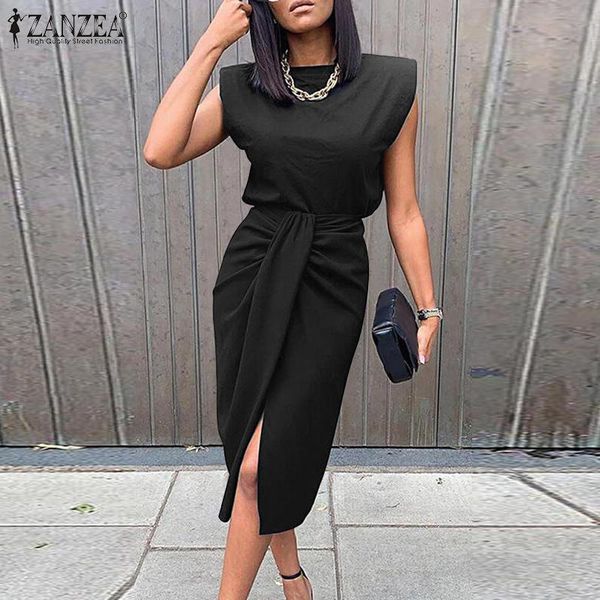 

casual dresses 2021 zanzea elegant office lady dress women summer sleeveless midi sundress stylish pleated split hem work vestidos robe femm, Black;gray