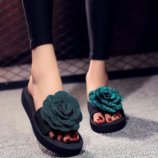 

outside flower wedges slipper with platforms women fashion slip-on open toe shoes female beach flip flops pantuflas de mujer a40 slippers, Black