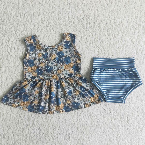 

selling kids summer sleeveless outfit toddler girl flowers pattern match stripes shorts 2pieces set, White