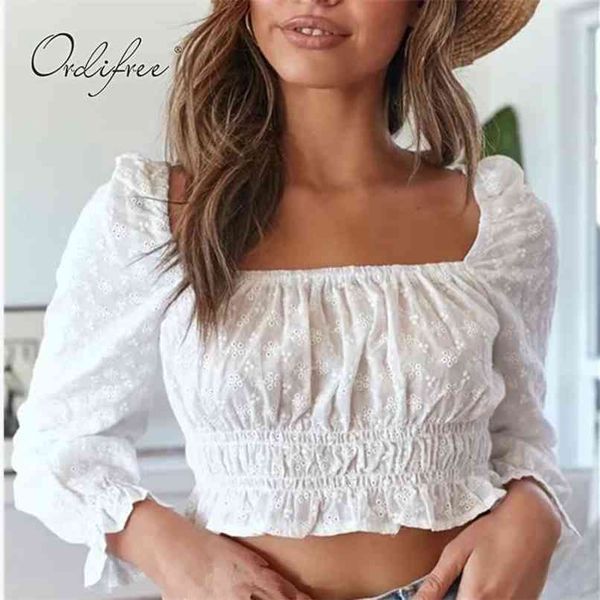 

summer women white blouse shirt long sleeve lace embroidery short beach wear 210513
