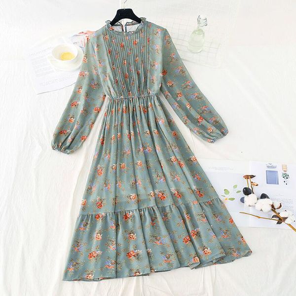 

dresses vintage party women elegant elastic waist pleated chiffon floral es long sleeve o neck ruffle midi 2021, Black;gray