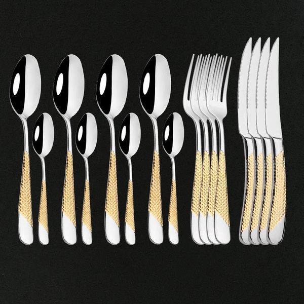 

dinnerware sets 4people gold tableware set 18/10 stainless steel steak knife fork spoon flatware dishwasher safe cutlery