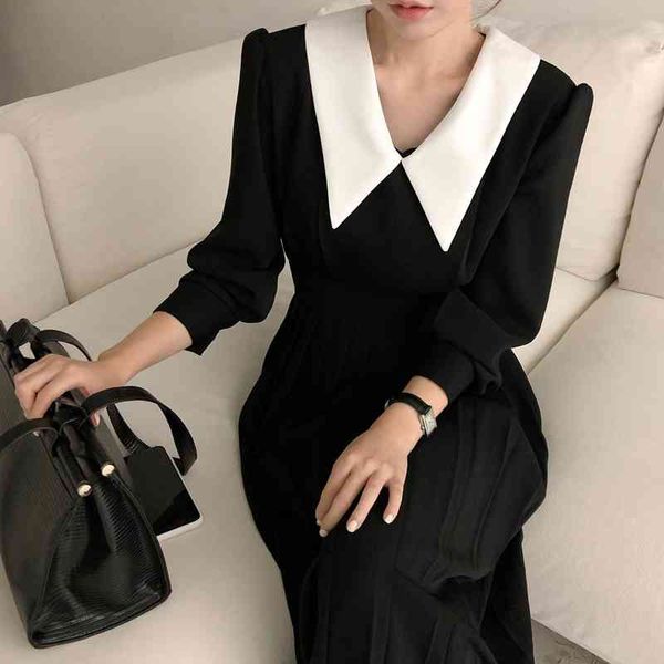 

dresses elegant pleated women spring a-line long sleeve midi office patchwork autumn 7ka3 lhwe, Black;gray