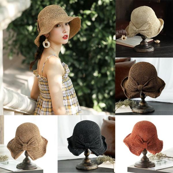 

wide brim hats handmade summer for women weaving bowknot sun caps soft panama hat parent-child beach shade, Blue;gray