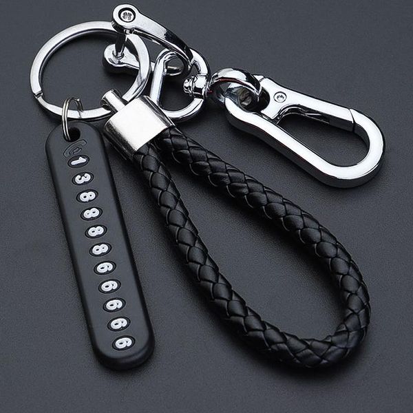 

keychains anti-lost car keychain phone number card keyring leather bradied rope auto vehicle key chain holder accessories gift for husband, Silver