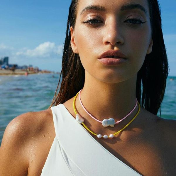 

chokers dvacaman summer beach colorful beaded pearl choker necklace for women bohemian handmade seed beads strand party jewelry, Golden;silver