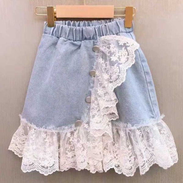 

summer girls skirt baby denim kids fashion children streetwear bottoms ruched lace irregular jeans skirts, Blue