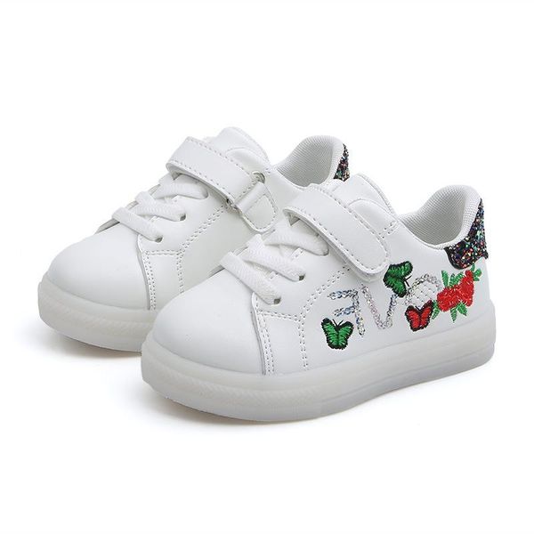 Sneakers Led Scarpe per bambini per neonate Casual PU Leahter Ricamo Floreale antiscivolo Illuminato Bambini Chaussure Enfant