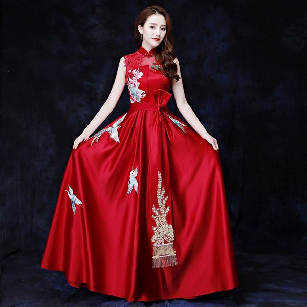 

summer sleeveless satin vintage evening-dress banquet host elegant noble prom-dress bridesmaid engagement party traditional ethnic clot, Red