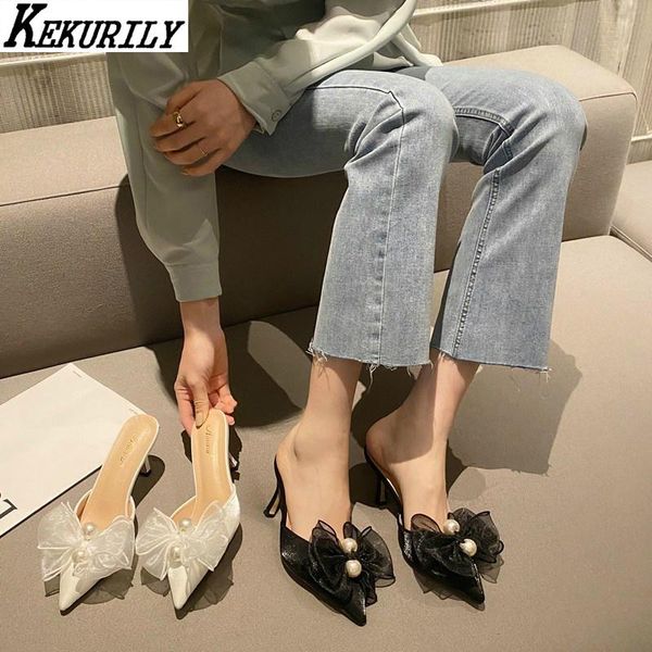 

pearl mules women pointed toe slippers butterfly-knot shallow slides high heels shoes slip on wedding pumps zapatos de mujer, Black