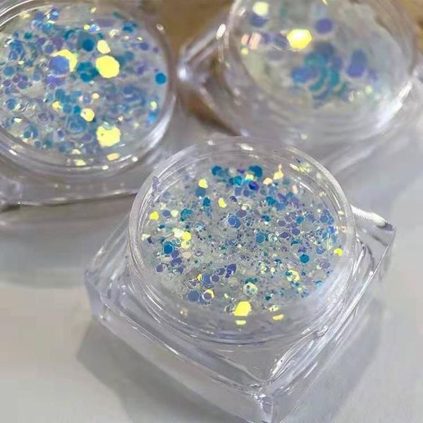 

sparkly holographic glitter chunky sequins irridescent ab blue color mixed hexagon flakes super shiny uv polish sticker nail, Silver;gold