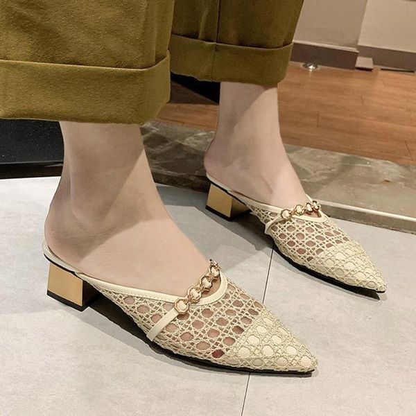 

slippers 2021 summer fashion women pointed toe medium heeled slides dress shoes hollow outs metal ladies 8189c, Black