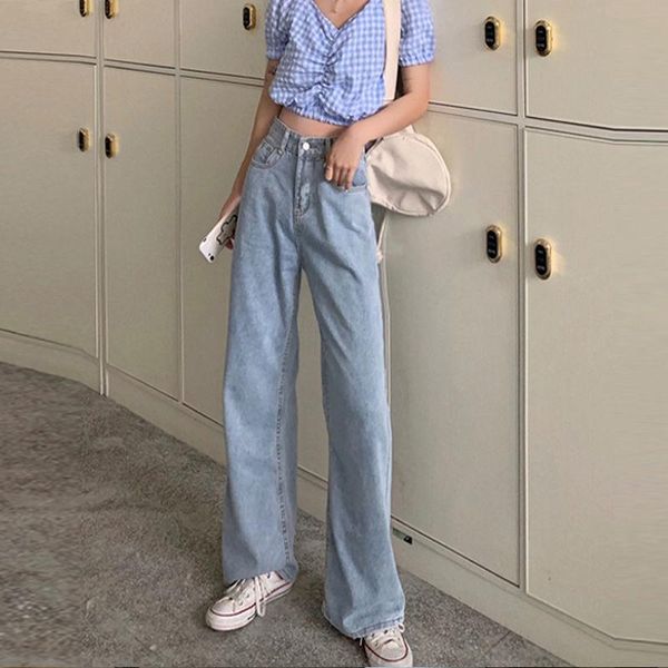 

women's jeans woman pants high waist light color 2021 spring and autumn baggy straight trousers pantalones vaqueros mujer, Blue