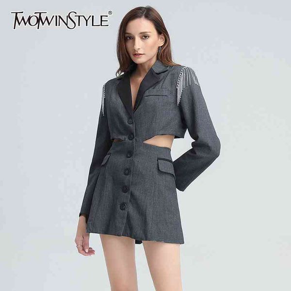 Casacos cinzentos para mulheres lapela manga comprida cintura alta oca out patchwork borla designer casacos feminino roupa 210524