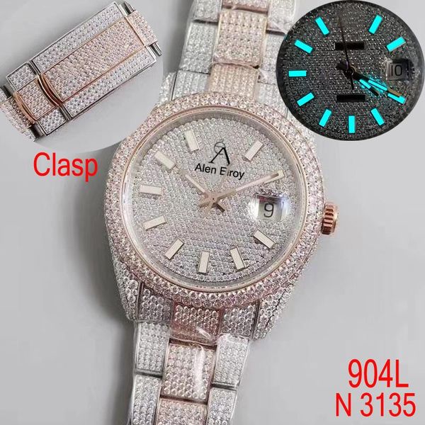 

wristwatches rose gold&silver iced out diamonds clasp watch date-just- full 904l sapphire glass automatic eta 3135 movement, Slivery;brown