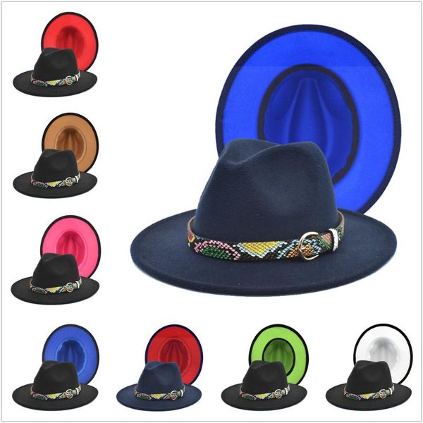 

wide brim hats 2021 black white fedora hat jazz with leather belt gentleman elegant lady fascinator farmal top, Blue;gray
