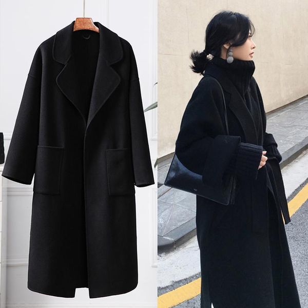

women's wool & blends autumn winter woolen coat female loose and thin mid-length trench ladies fashion overcoat a376, Black