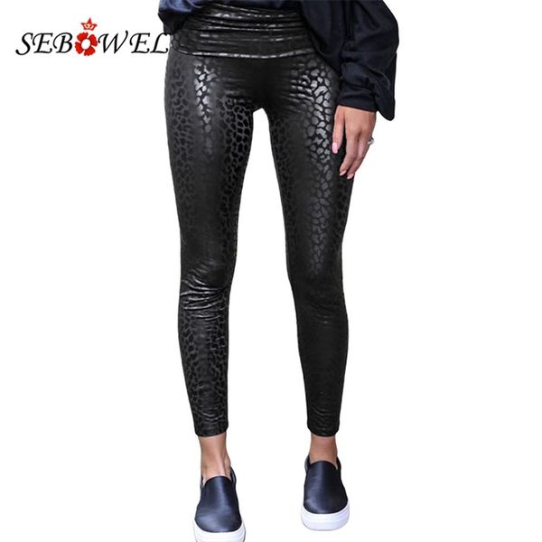 Sebowel Mulheres Cintura Alta Leggings Preto Leopardo Texturizado Stretchy Calças de Couro Feminino Sexy Outono Skinny S-XL 211215