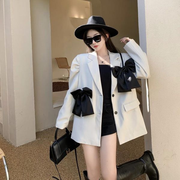 

women's suits & blazers office lady formal blazer bow loose suit coat autumn solid fashion mujer chaqueta korean spring elegant feminin, White;black