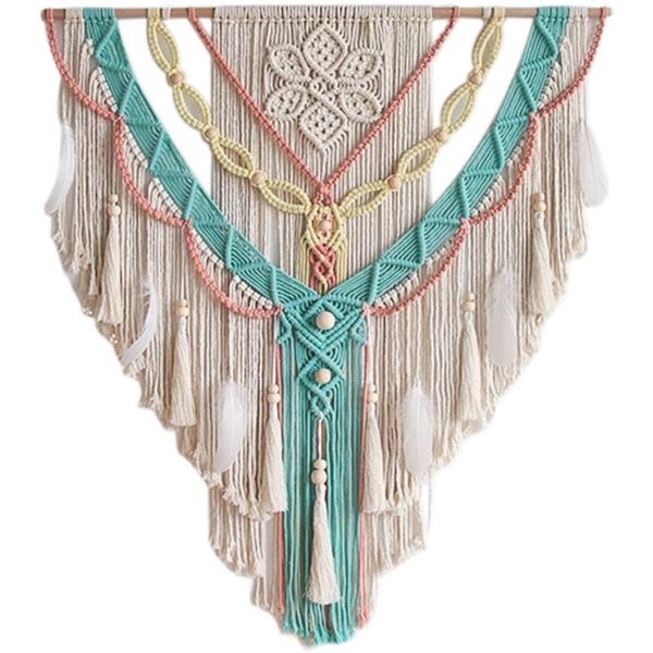 

tapestries simple tassel tapestry hand woven feather wood bead wall with colored cotton rope porch sofa background decoration