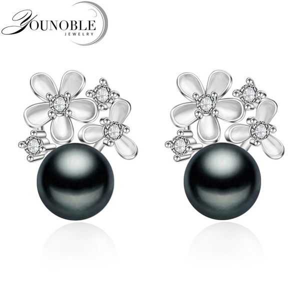 

real black freshwater natural pearl earring women,classic flower 925 silver anniversary gift stud, Golden;silver