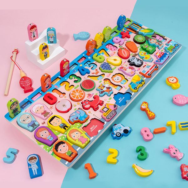 

Kids Montessori Math Toys Educational Learning Wooden Fishing Toys Count Numbers Matching Digital Shape Log Board Puzzle Toys