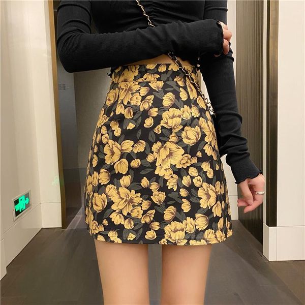 

skirts floral skirt pencil lady yellow pink flower sweet empire short retro female summer midi korean women, Black