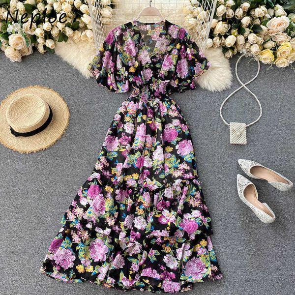 

neploe summer new flower pleated vestidos v neck slim high waist bohemian midi dress butterfly sleeve ruffled elegant femme robe c0607, Black;gray