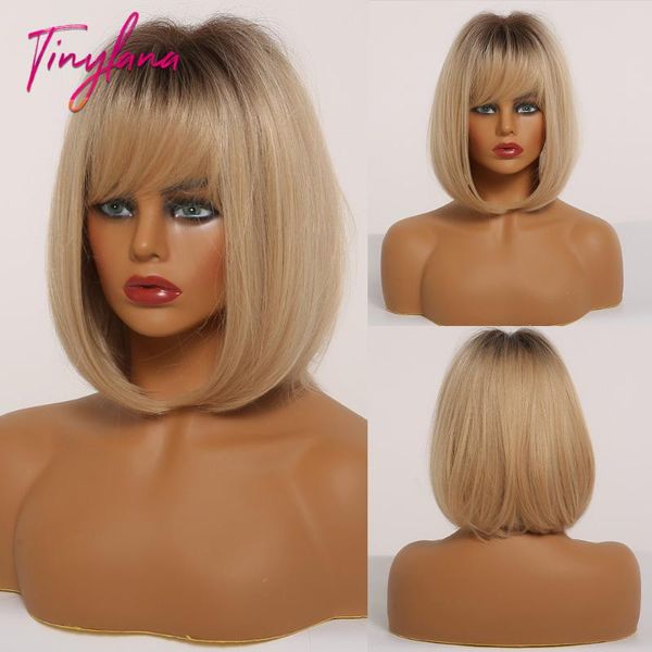 

synthetic wigs tiny lana short bob women straight ombre dark brown to blonde with bangs lolita cosplay heat resistant, Black