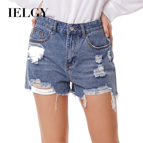 

women's jeans ielgy washed lady's denim shorts large loose hole beaded, Blue