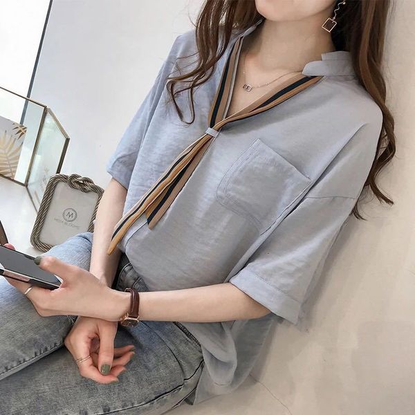 

T-shirt T-shirt 2021 summer new Striped Tie Shirt women's short top loose and versatile half sleeve fashion, White