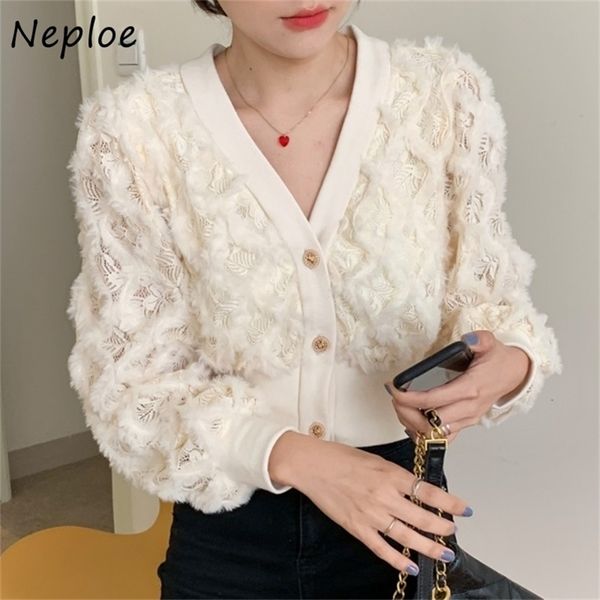 

v neck single breast design blouse women elegant lace patchwork hollow out blusas slim fit solid shirt feminino 210422, White