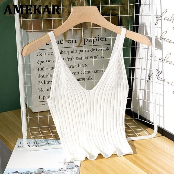 

women's tanks & camis 2021 summer knit ribbed v-neck vest for women with backless sleeveless crop top, White