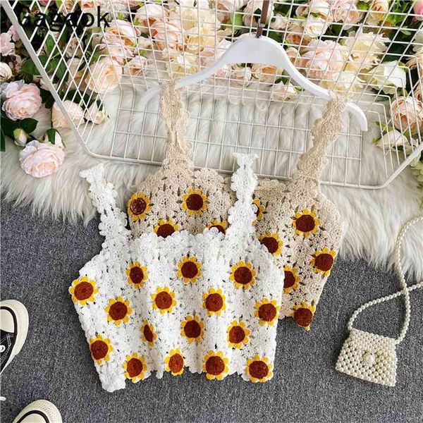

women sweet camis spring autumn lace floral short hollow out outwear camisole korean fashoion chic wild crop 210531, White