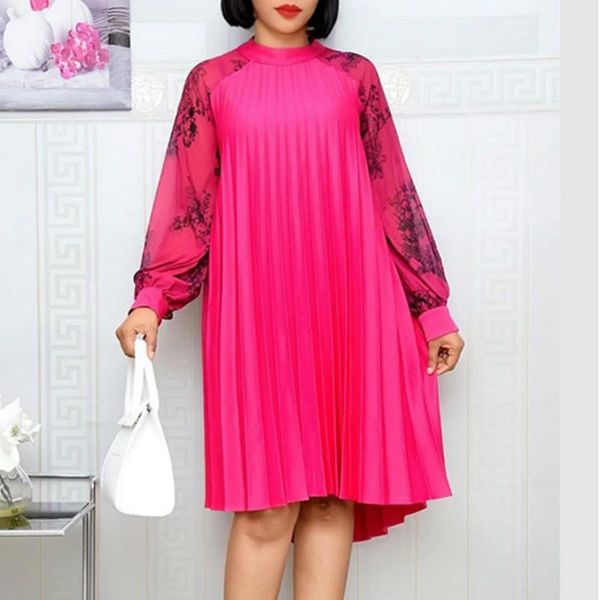 

casual dresses women loose pleated chiffon long sleeves printed size knee length o neck african female fashion vestidos robes, Black;gray
