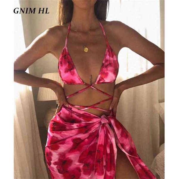 Gnim Bandage Trinagle Купальник Женщины с шалью Sexy Print Bikini Set Beachwear Купальники 3 шт. Лучшие продажи плавательный костюм 210722