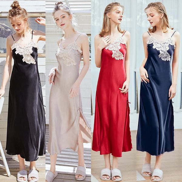 

women's sleepwear women satin nightdress summer suspender skirt v-neck nightgown long spaghetti stap night dress, Black;red