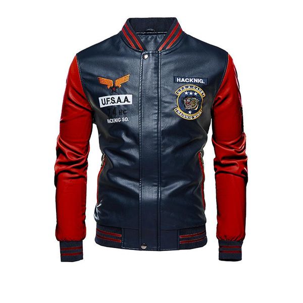 

men's jackets leather jacket men motorcycle fashion brand clothing stand collar zipper pu coat patchwork baseball casaco masculino, Black;brown